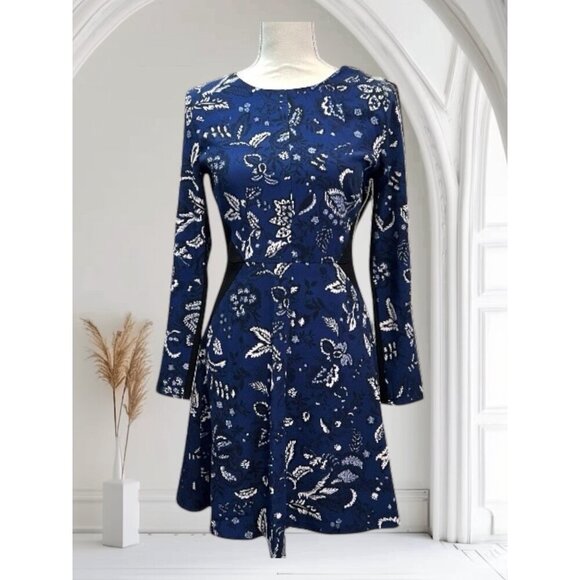 Thakoon Navy Mixed Media Bandana Print Long Sleeve Fit & Flare Dress Size 4 - Picture 1 of 8